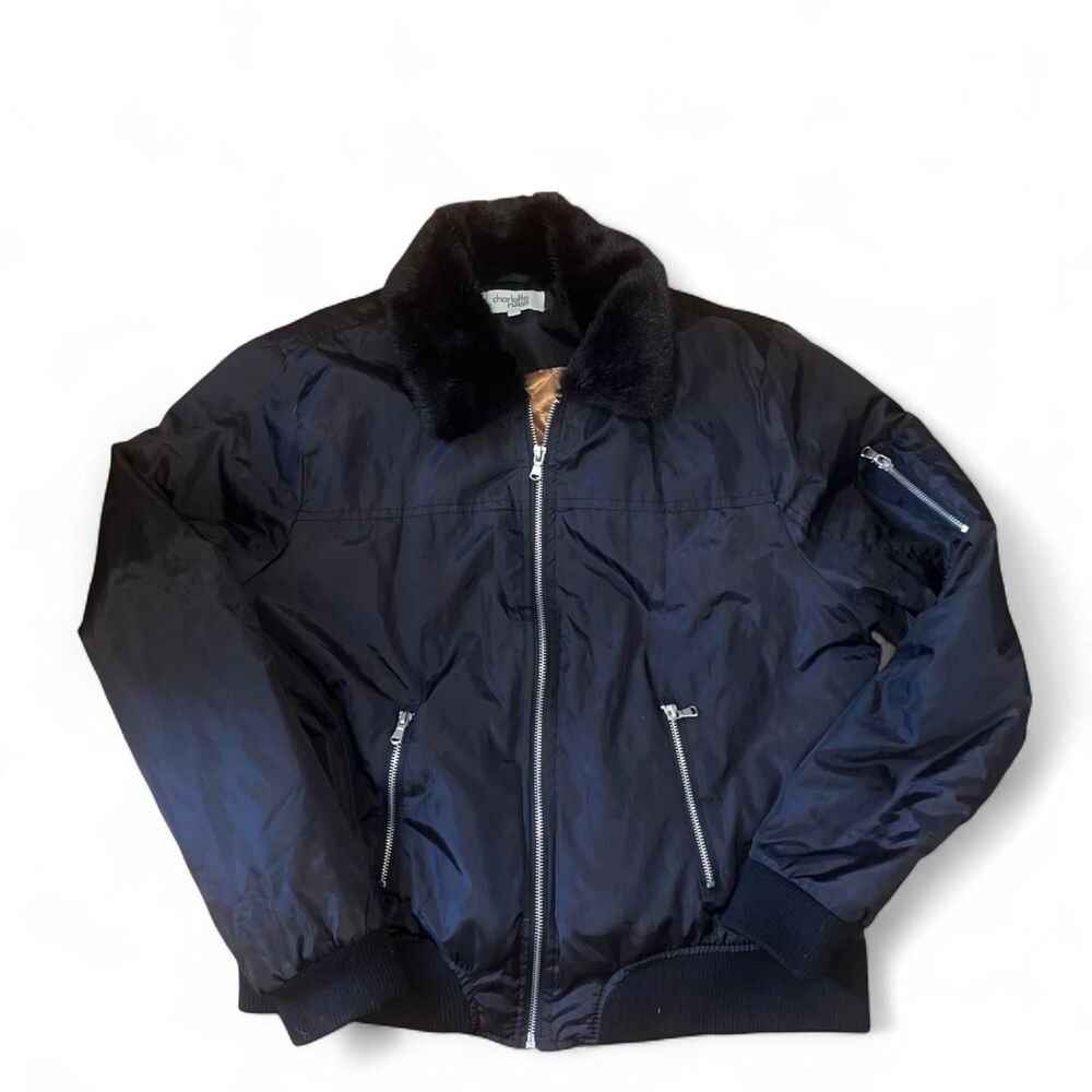 Charlotte Russe Women's Black and Gold Bomber Jacket with Faur Fur Collar SZ XL